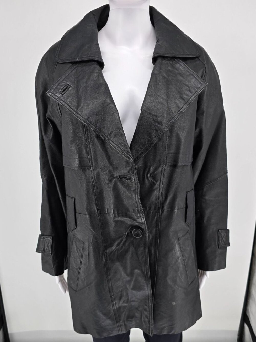 Vintage 1990s Leather Limited Thermolite Lined Black Car Coat (S) *Fair